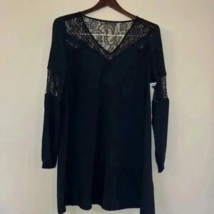 Express Long Sleeve Black Dress Lace Trim at Neck Back & Sleeve Size Small